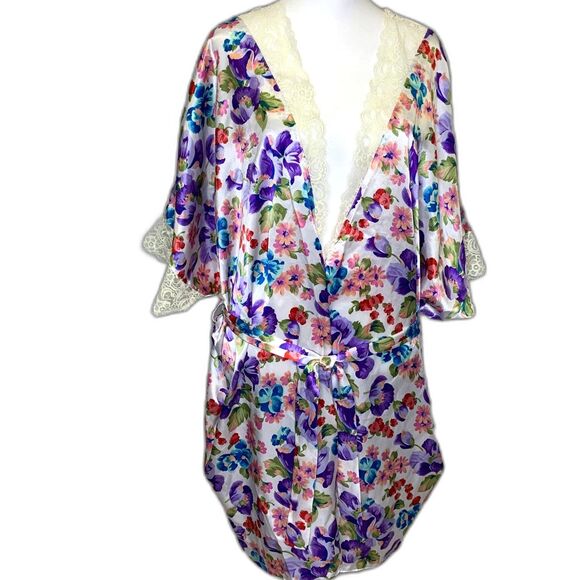 Delicates Trad Wife Satin Floral‎ Lace Trimmed Satin Tie Pockets Robe Large - Picture 1 of 13